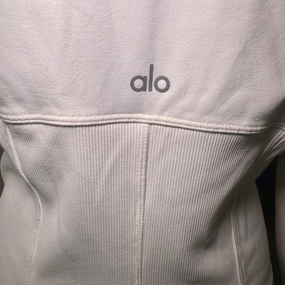 Alo Yoga Womens White Ribbed Corset Full Zip Mock Neck Jacket with Thumbholes M